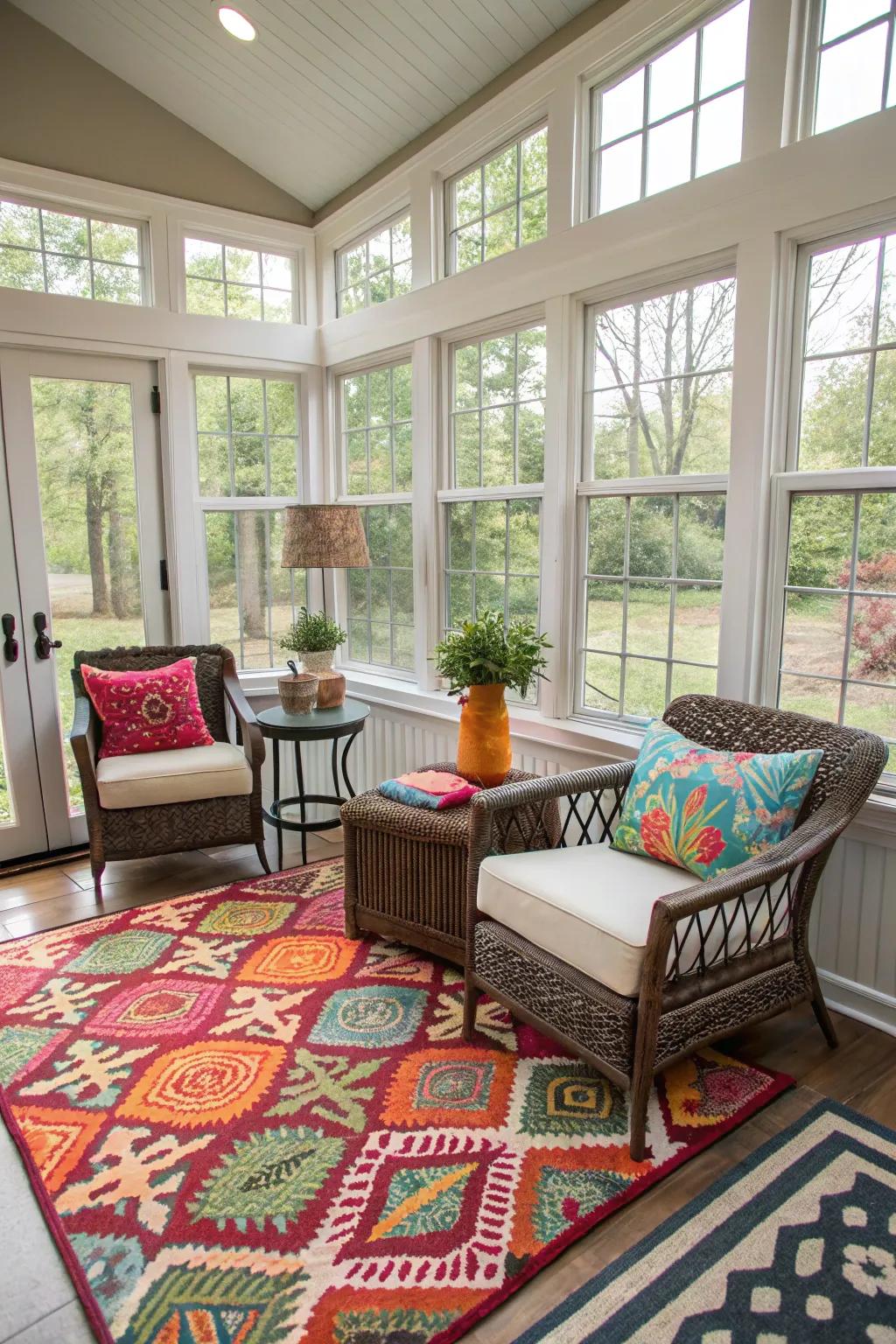 Bold patterns bring energy to your sunroom.