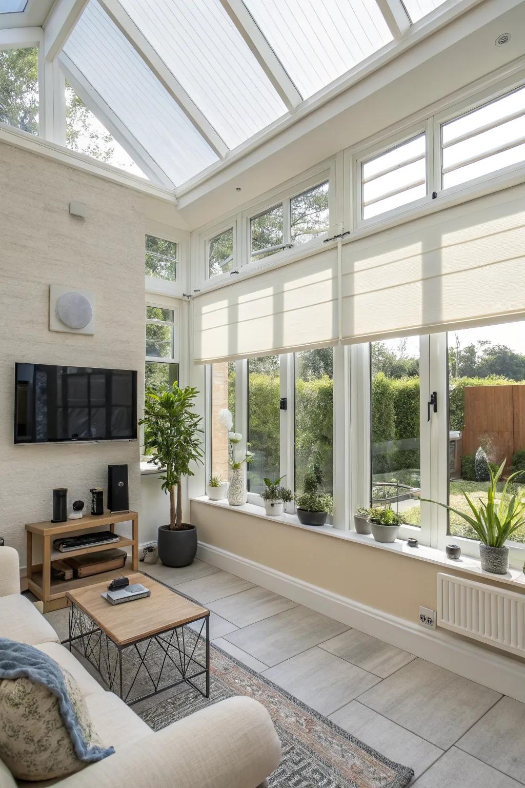 Smart technology enhances modern convenience and comfort in the sunroom.