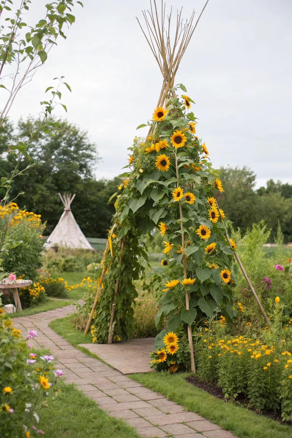 A whimsical sunflower teepee perfect for garden exploration.