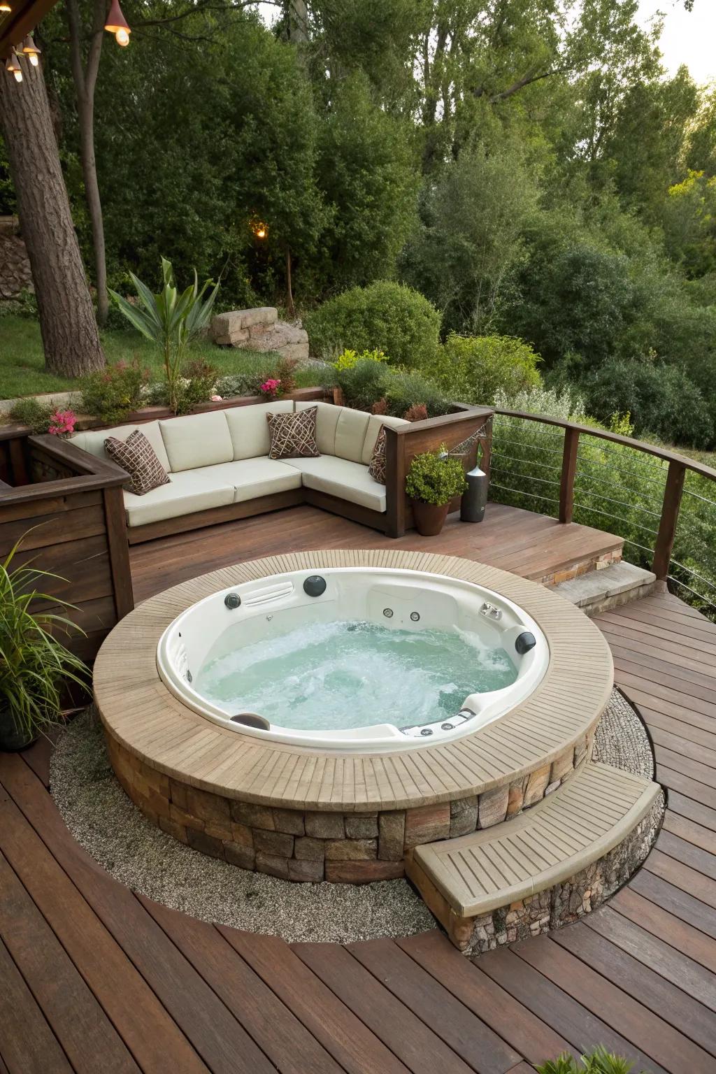 A sunken hot tub deck with innovative sunken seating for guests.