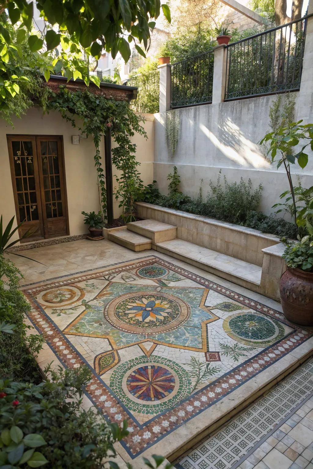 Artistic floors add a unique and creative touch to this sunken patio.