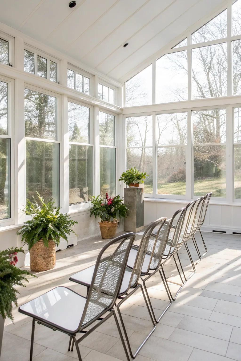 Sleek metal chairs add a modern touch to this chic sunroom.