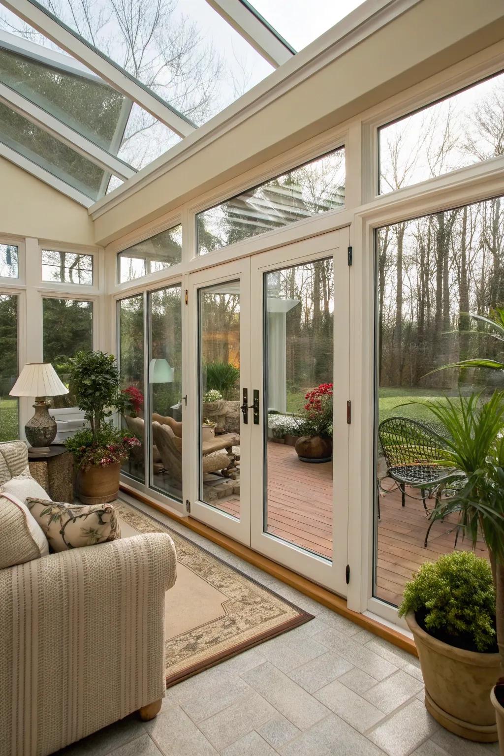 Insulated glass doors maintaining comfort throughout the year.