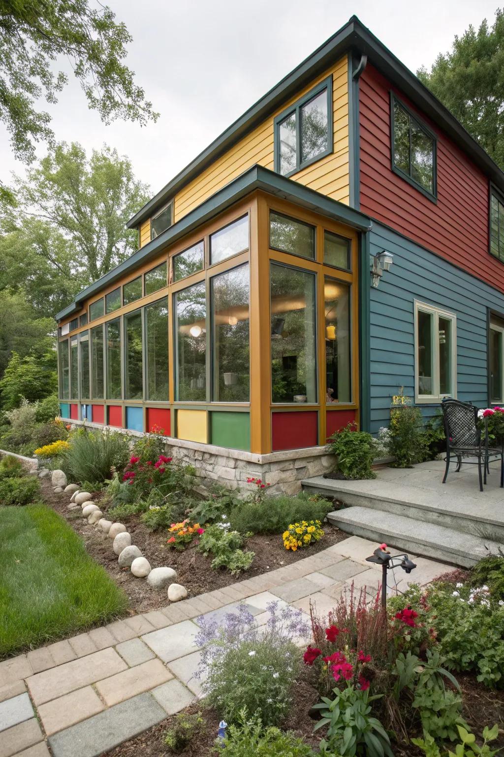 Color blocking creates a bold and artistic sunroom exterior.