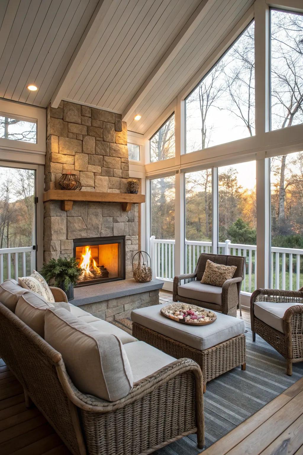 A fireplace adds warmth and ambiance to the sunroom.