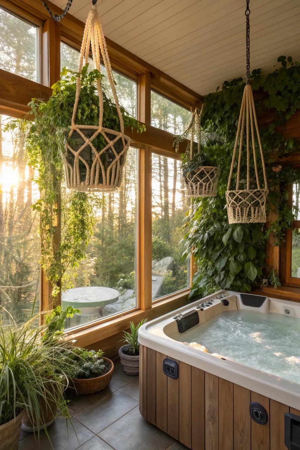 Hanging plants add charm and vertical interest to the sunroom.