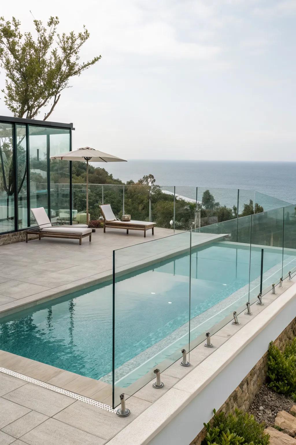 Glass railings provide a modern, unobstructed view of your pool area.