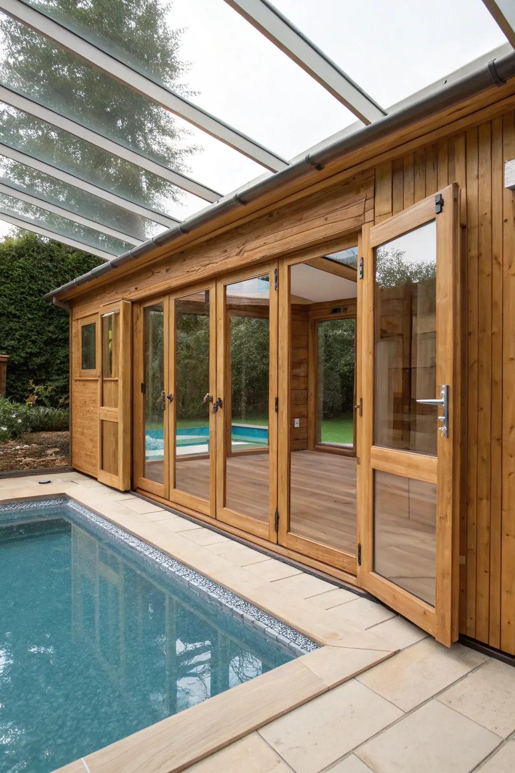 A timber pool enclosure that enhances natural beauty and warmth.