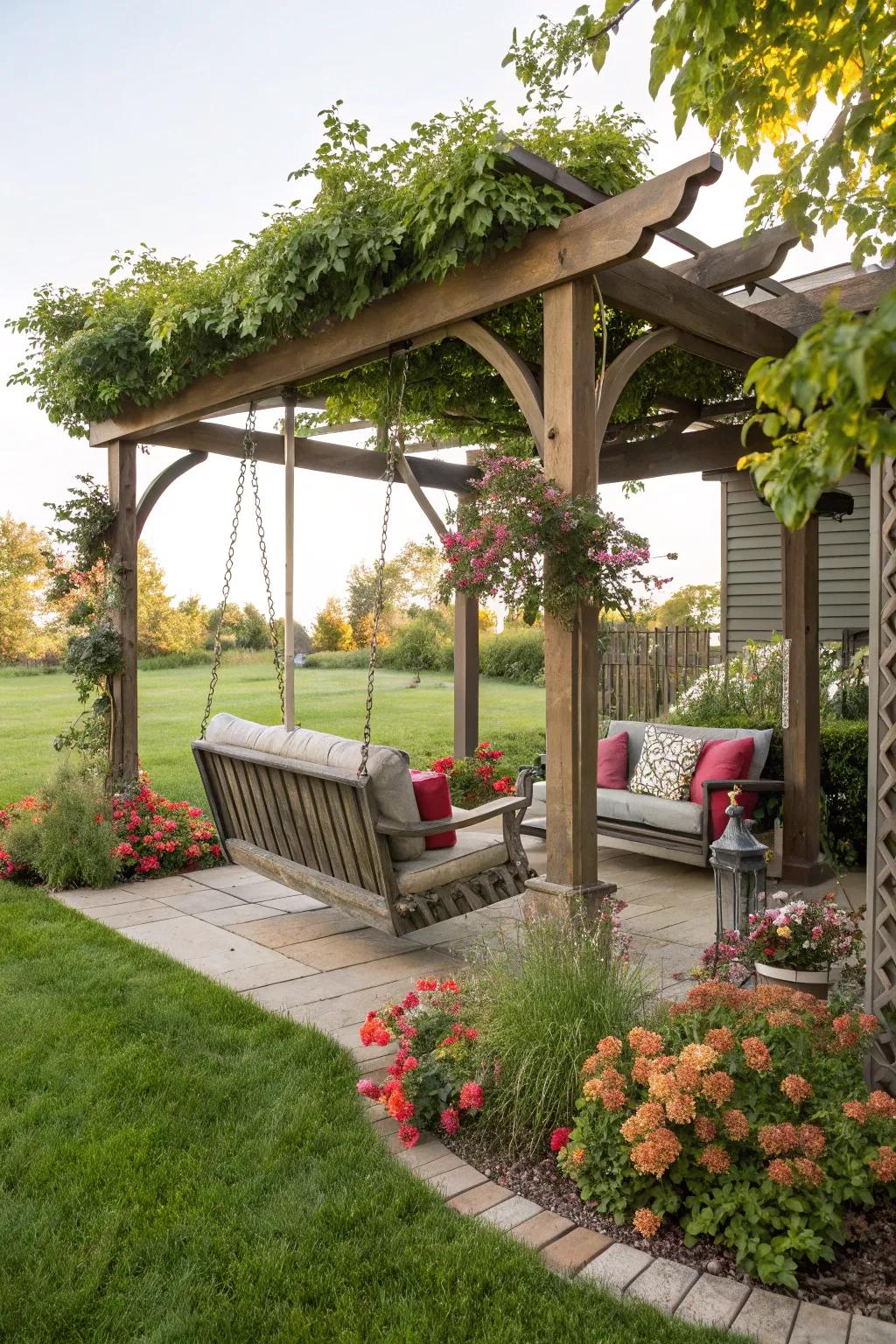 Swingset shaded by an elegant pergola.