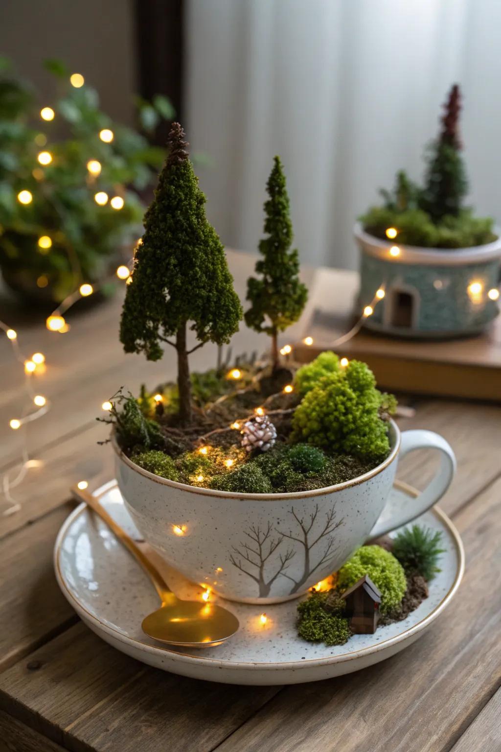A magical forest glowing in a teacup.