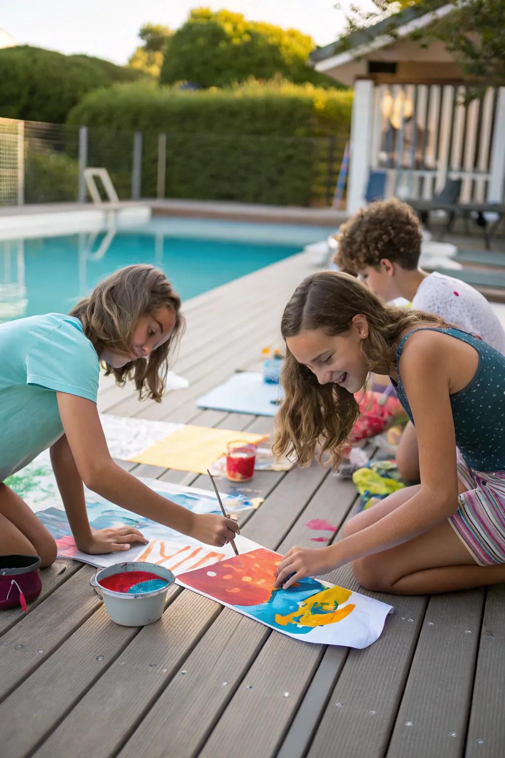 An artistic pool painting session with teens creating vibrant designs.