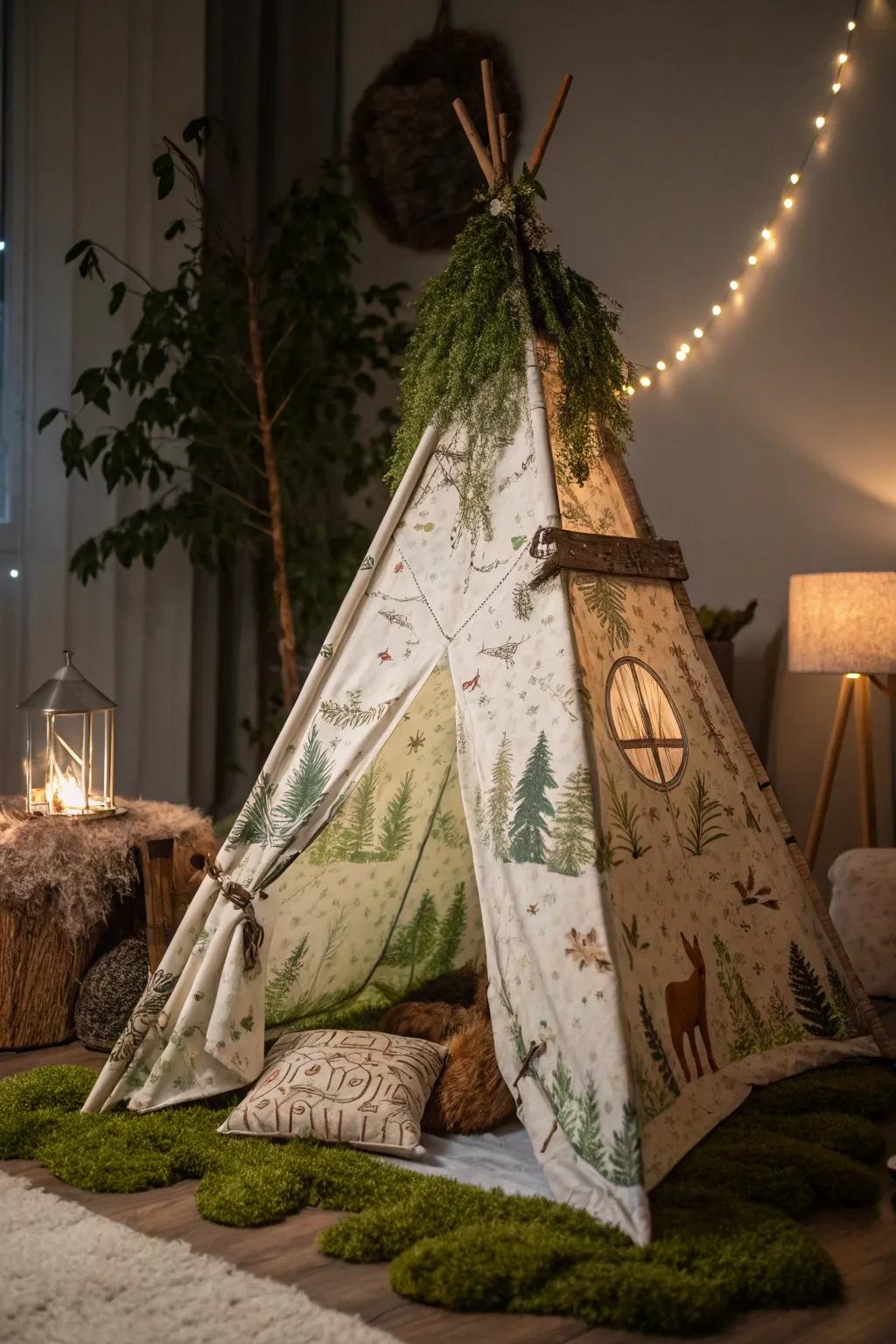 An enchanted forest teepee transports you to a world of fantasy.