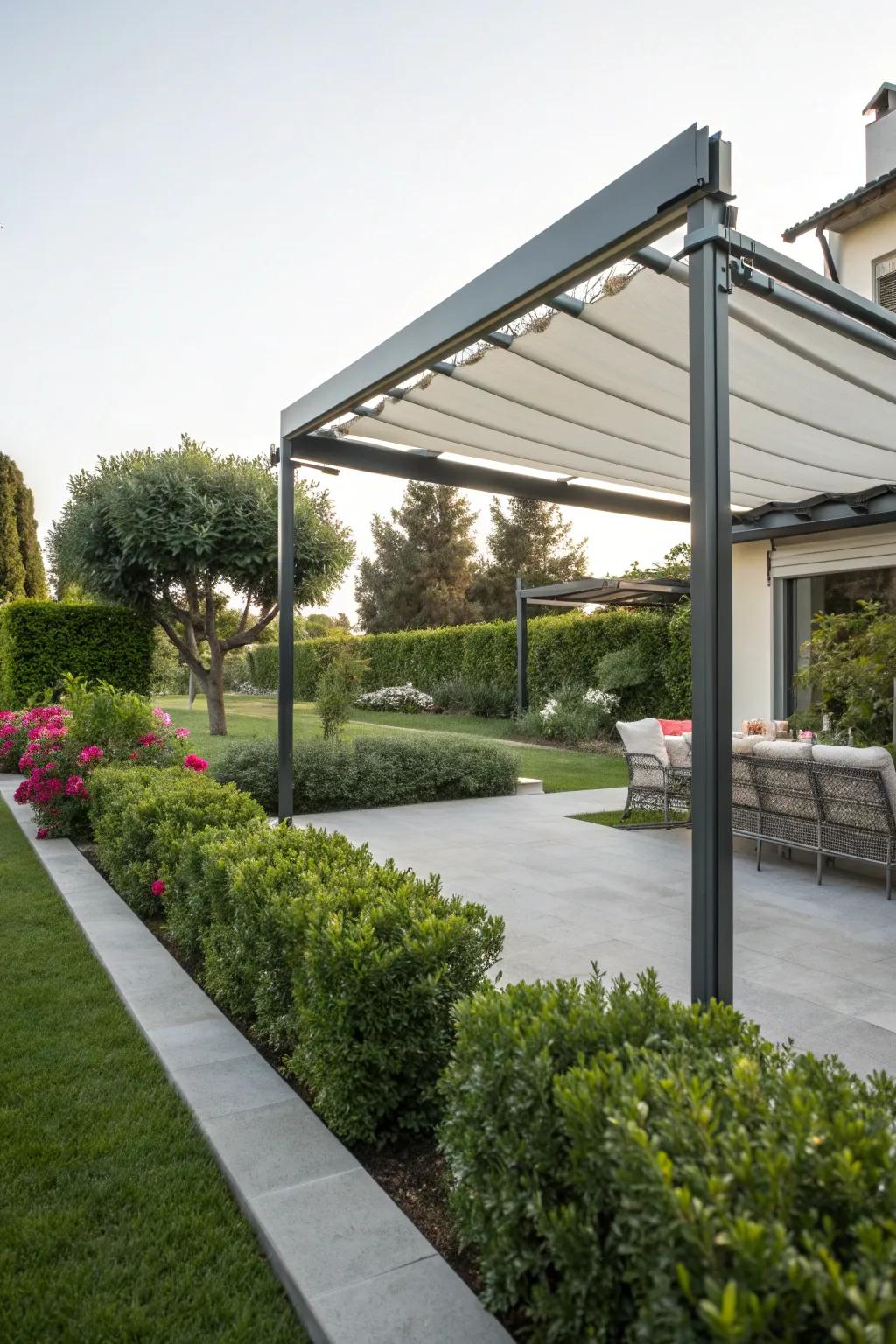 A sleek metal pergola offering adjustable shade in a garden.
