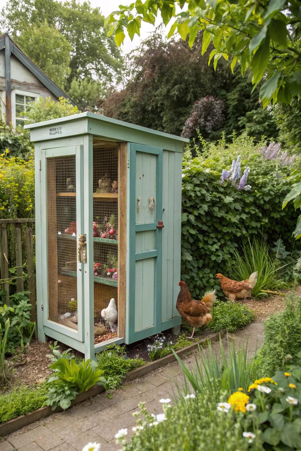 An elegant chicken coop created from a repurposed wardrobe.