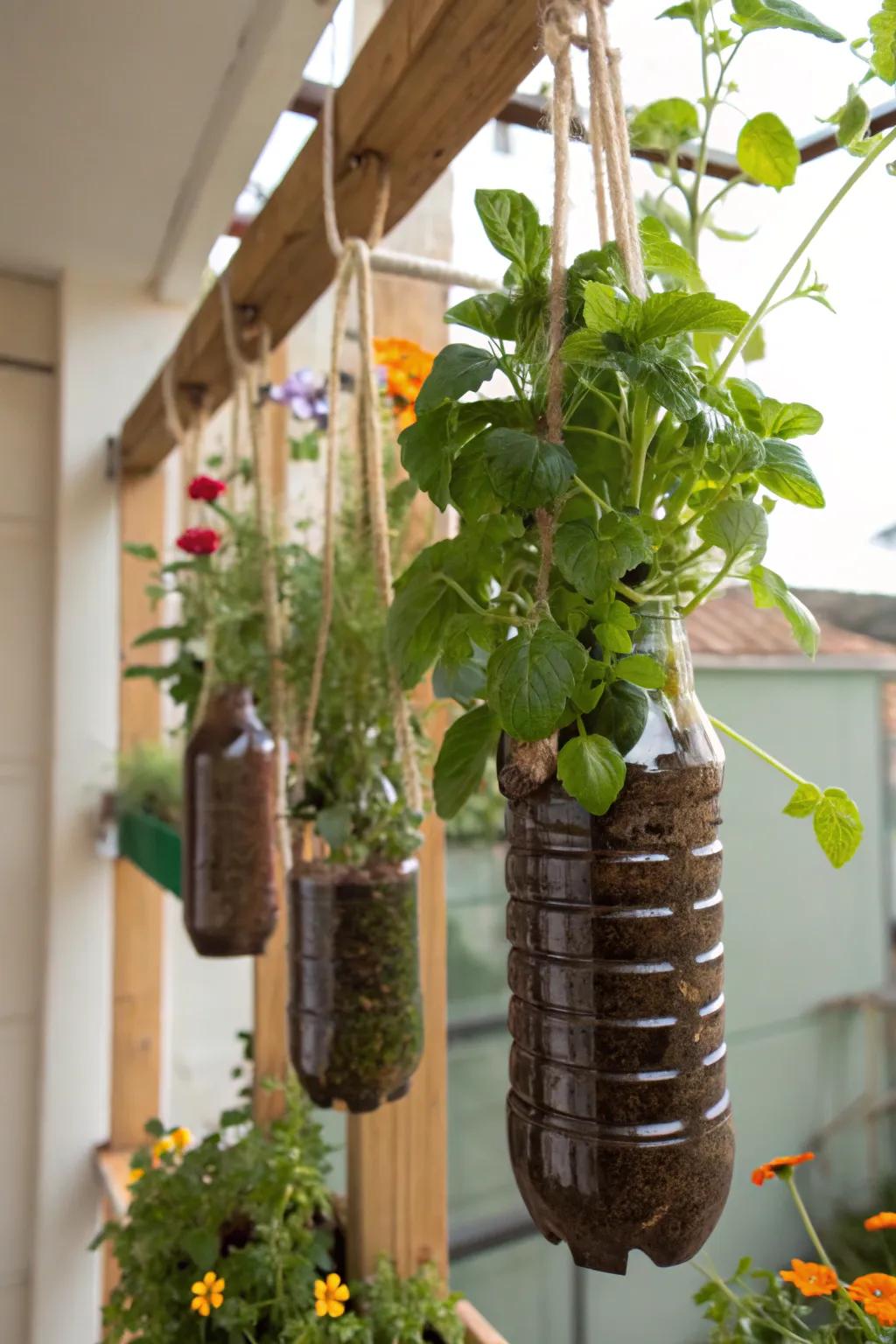 Create eco-friendly hanging gardens with upcycled bottles.