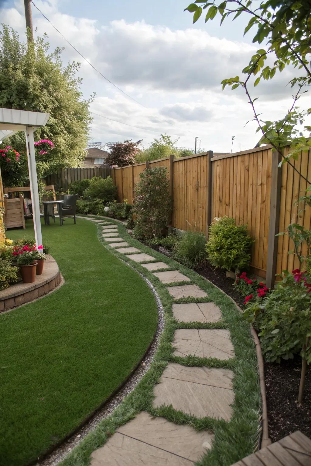 Artificial turf paths offer lush greenery without maintenance.