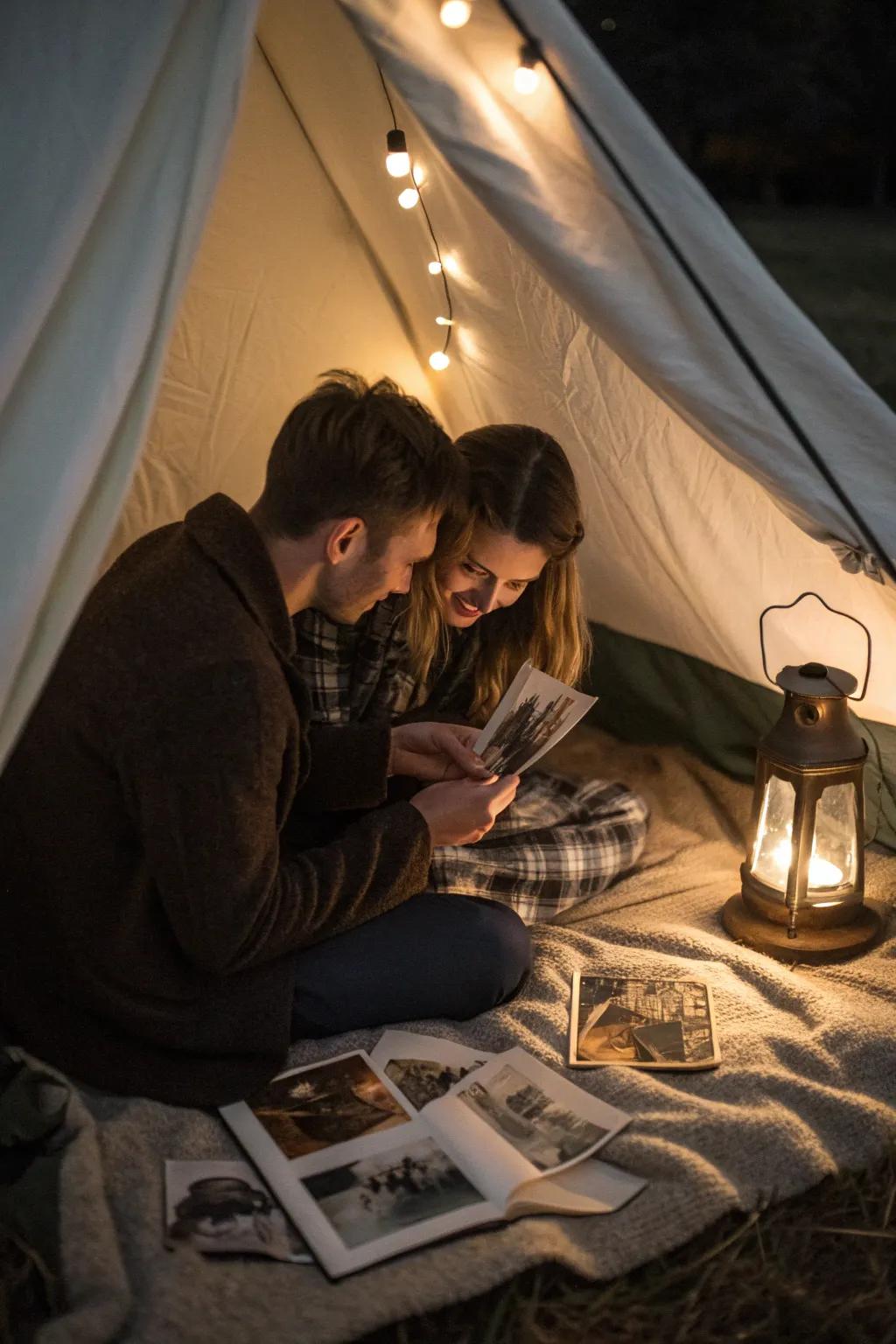 Take a trip down memory lane with old photos inside your tent.