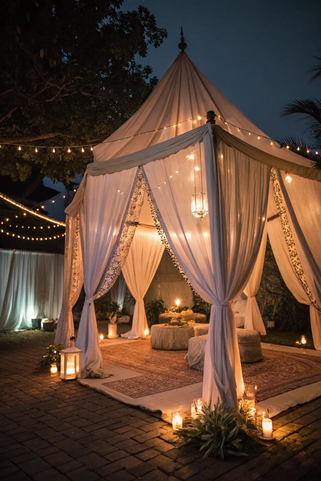 A mystical tent retreat with draped fabrics and ambient lighting, offering an enchanting escape.