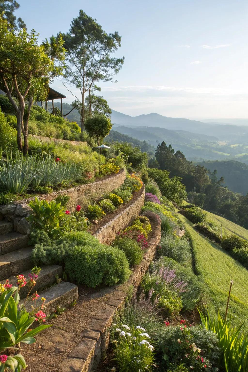 Terraced garden with native plants flourishing, creating a natural and sustainable landscape on a slope.