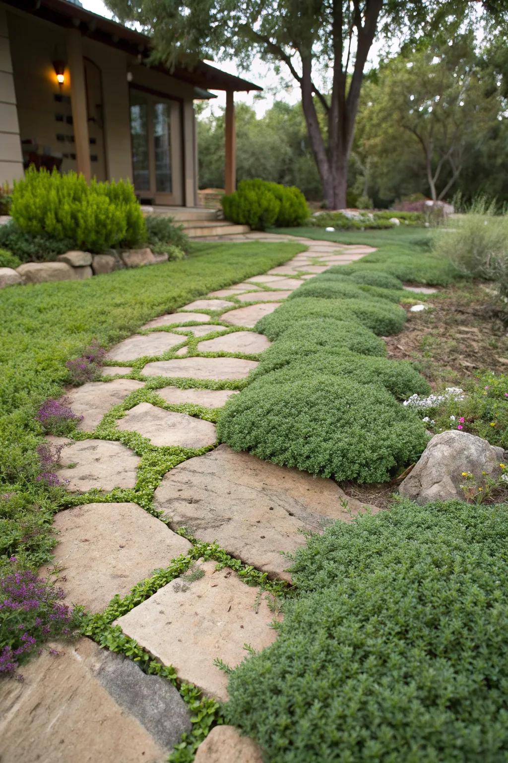 Ground covers like creeping thyme filling landscape gaps.