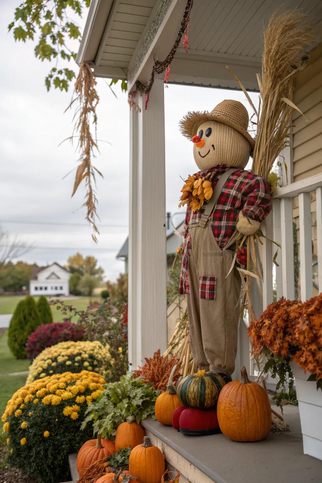 A whimsical scarecrow welcomes guests with charm.