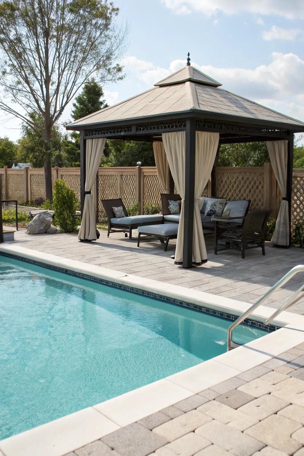 A poolside cabana adds luxury and comfort to your outdoor space.