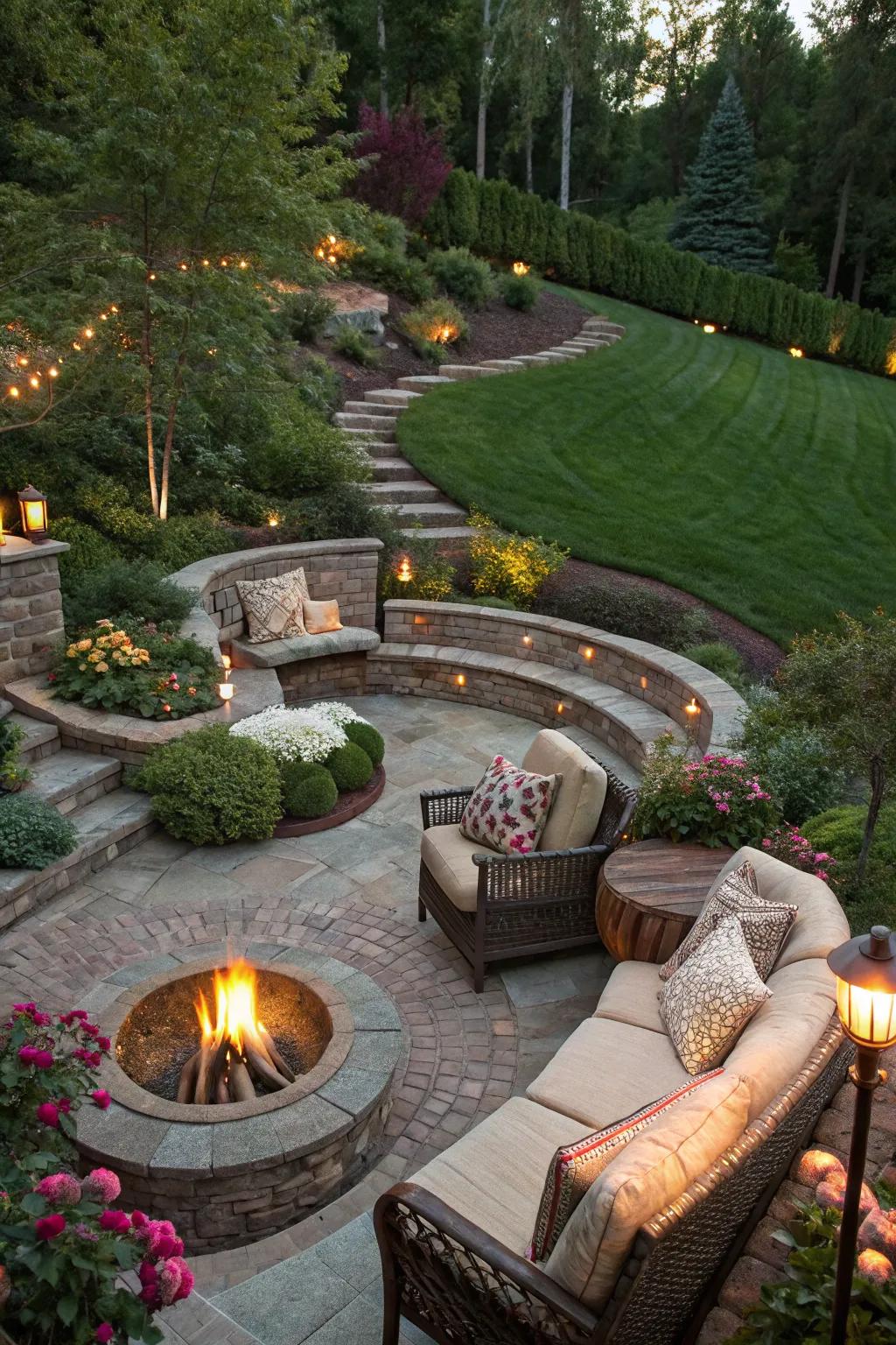 A fire pit creates a welcoming gathering spot.