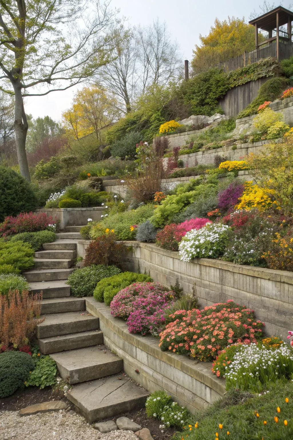 Seasonal planting keeps tiered gardens vibrant all year.
