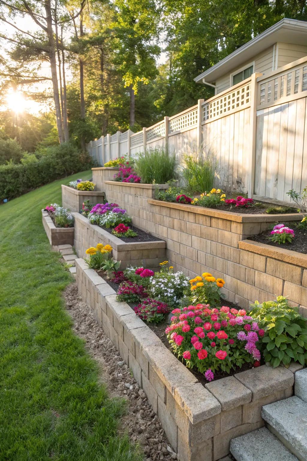 DIY raised beds add height and interest to this tiered retaining wall.