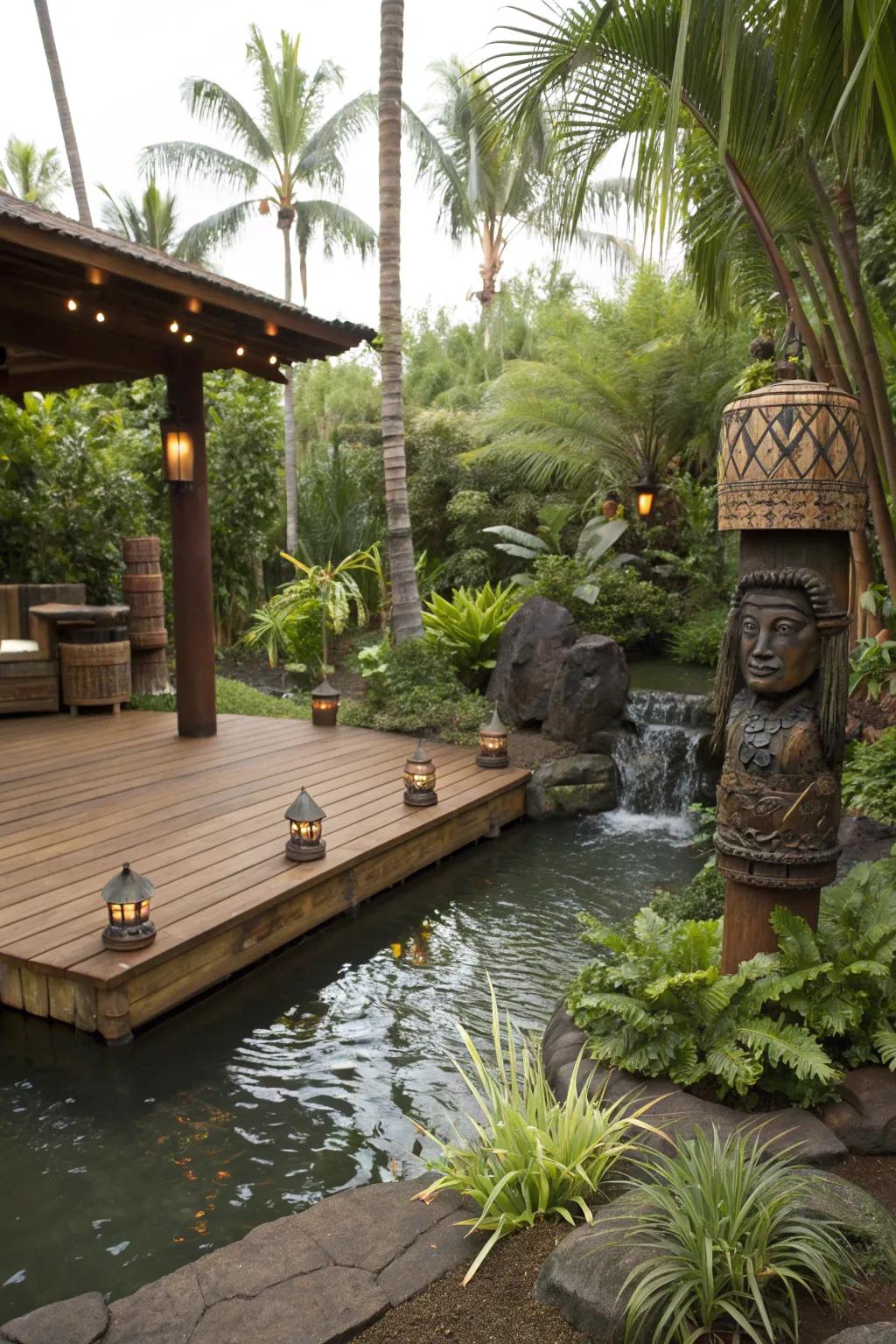 A small pond brings tranquility to the deck