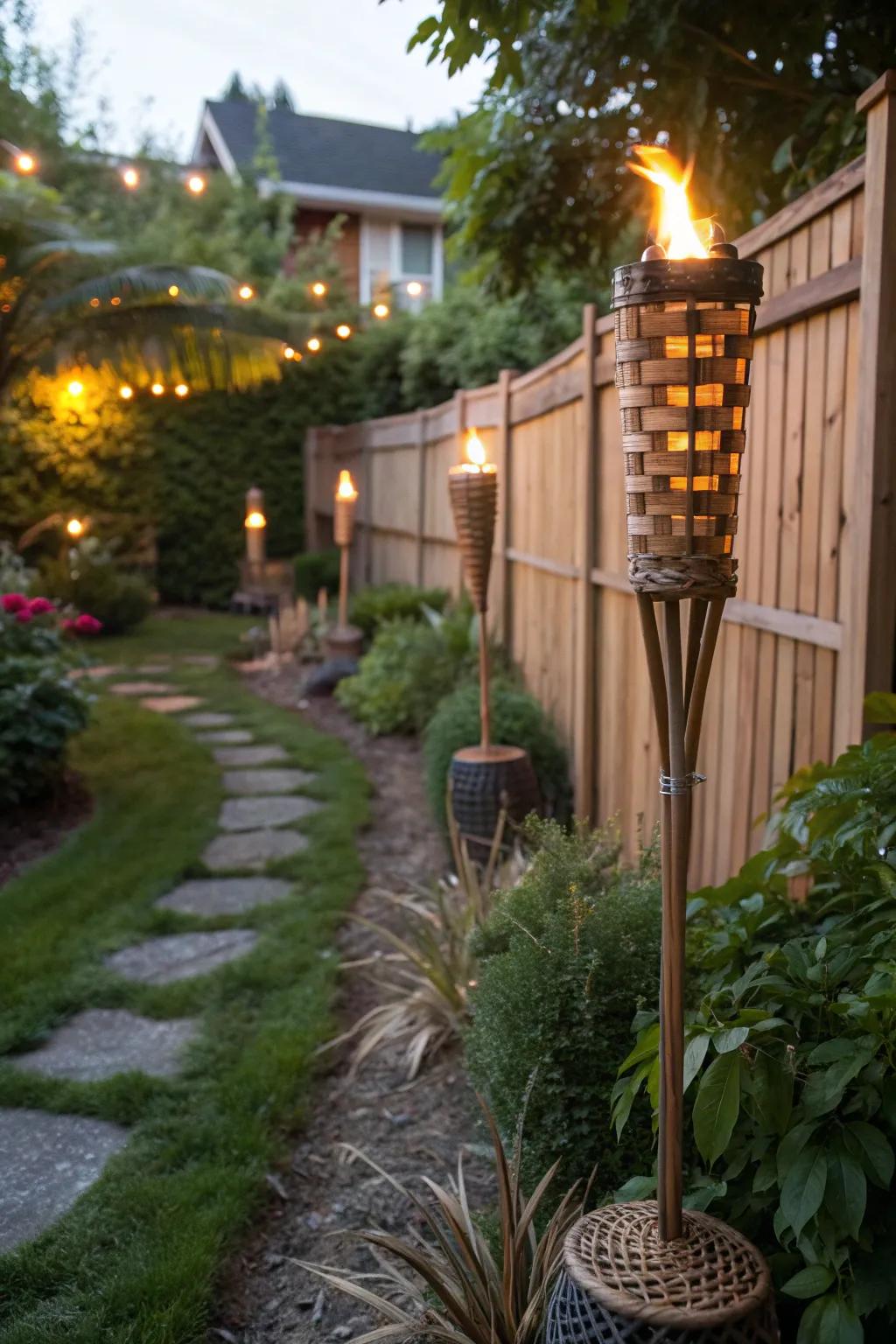 Enjoy multifunctional tiki torches that also repel bugs.