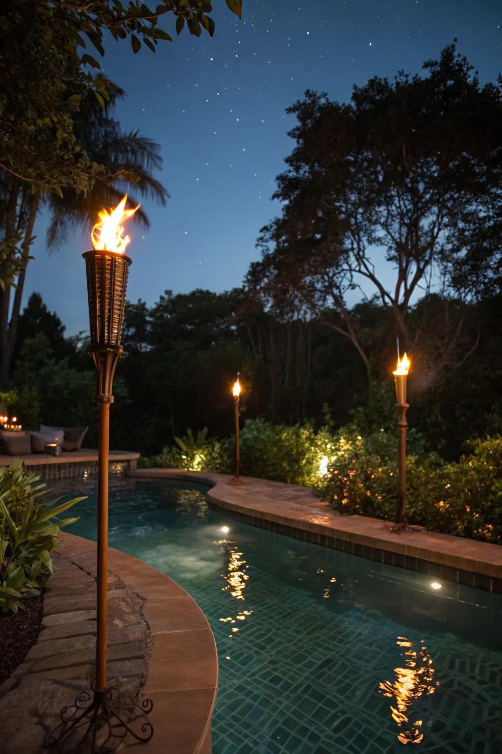 Floating torches turn pools into enchanting nighttime features.