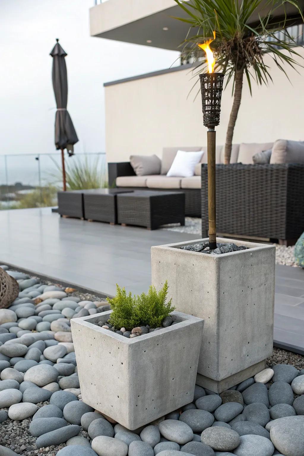 Concrete planters offer a minimalist, chic backdrop for tiki torches.
