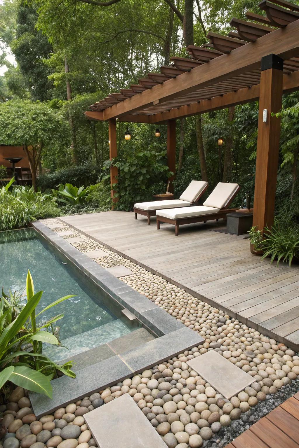 Pebble tiles provide a natural and tactile experience for your pool deck.