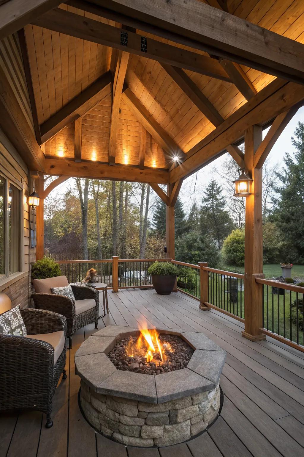 A fire pit makes the porch a cozy gathering spot.
