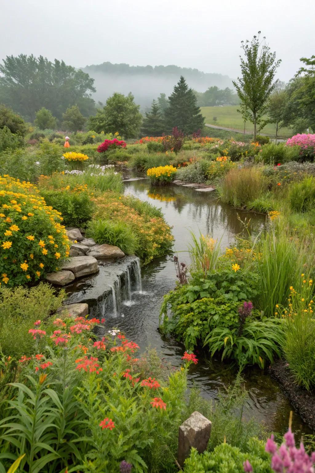 A thriving rain garden showcasing native plants and sustainable design.