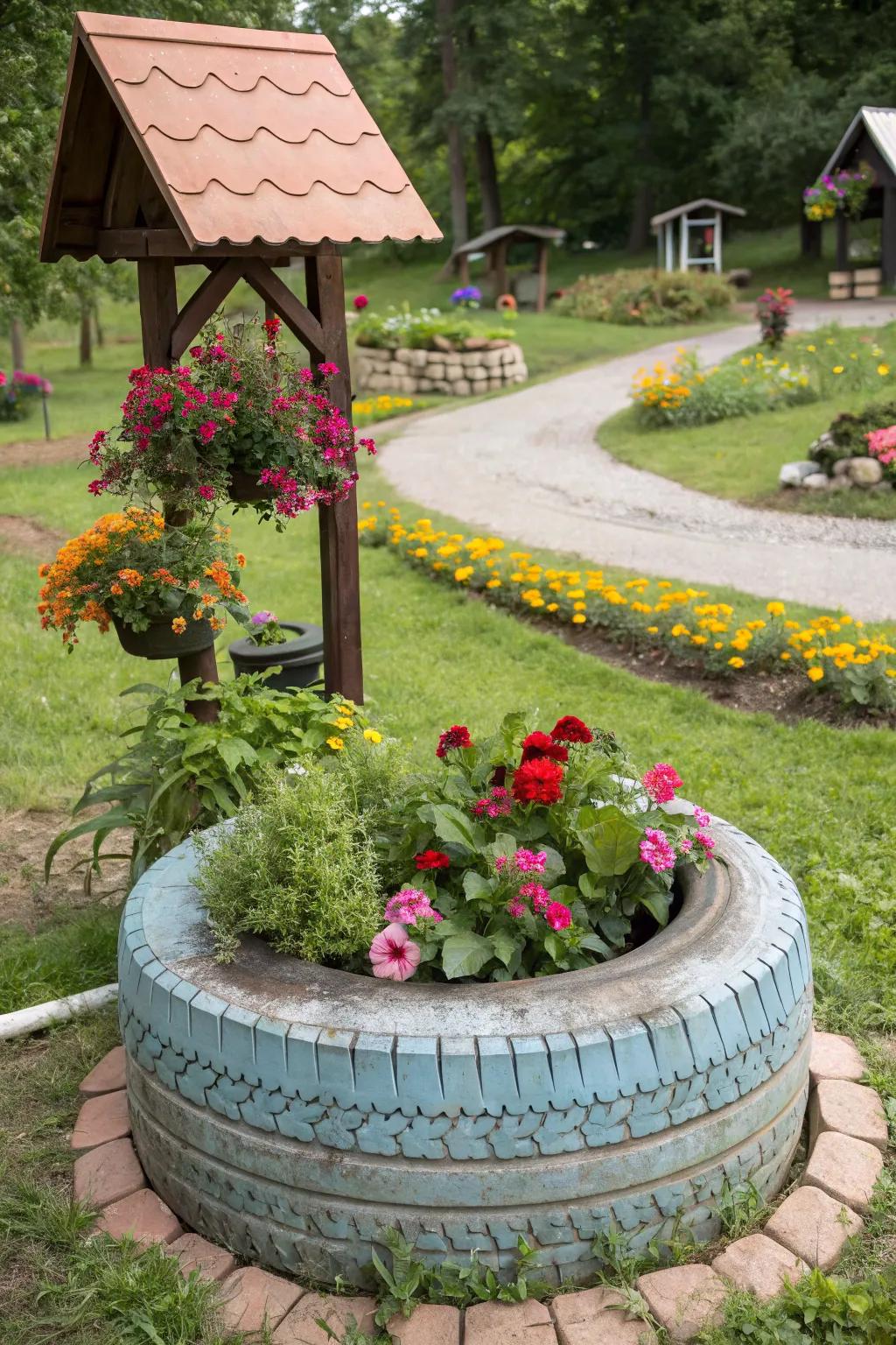 Tire wishing wells add fairy-tale charm to any garden.