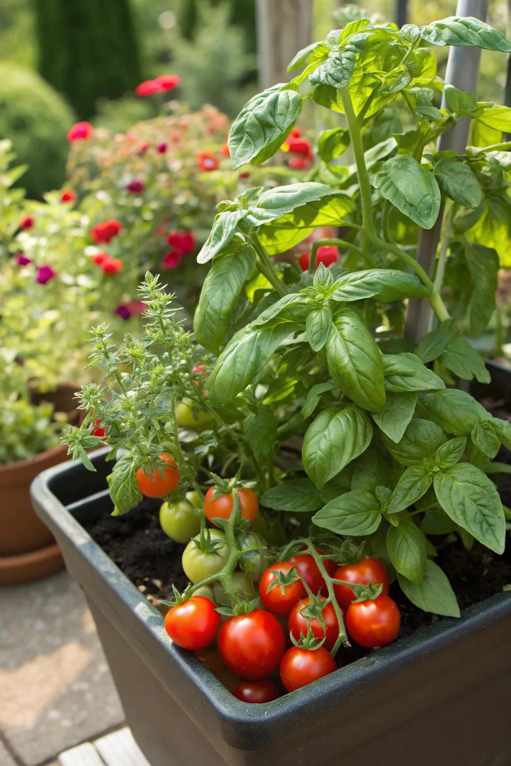 Tomatoes and basil make a perfect pairing in shared containers.