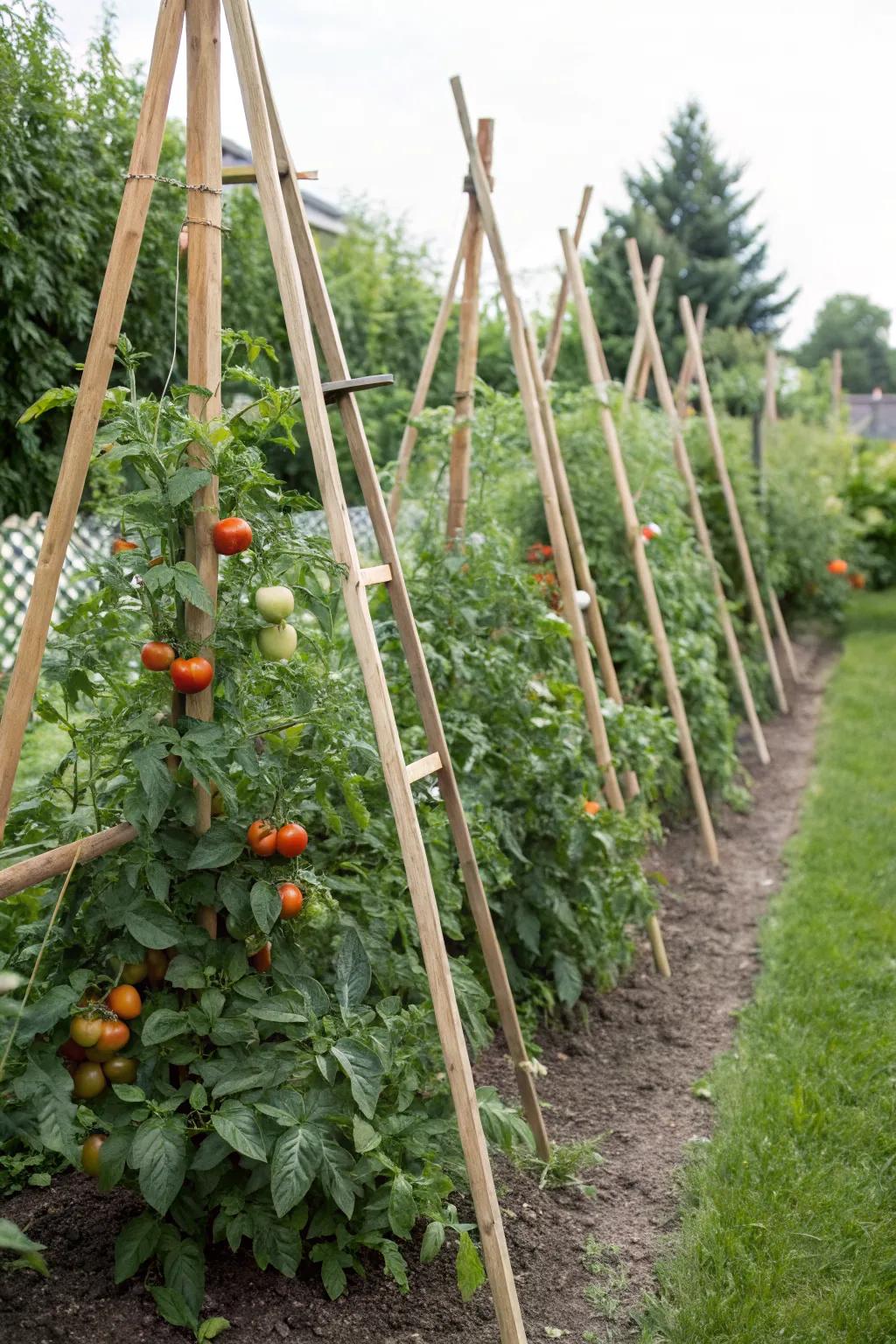 Architectural tripod stakes supporting tomato plants.