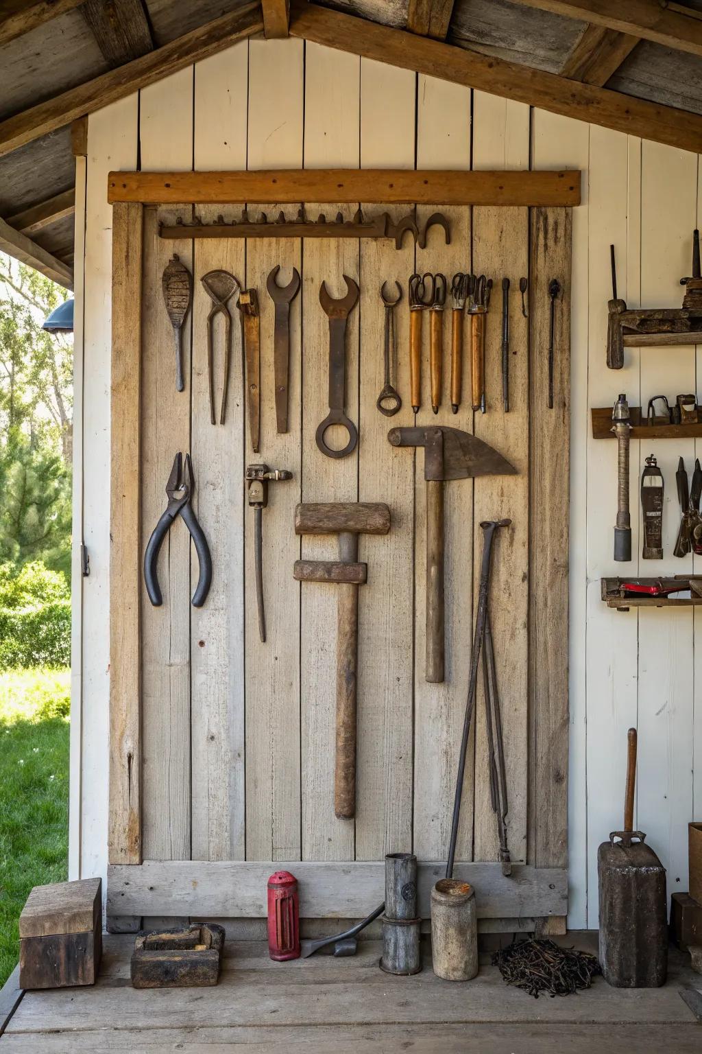 Decorative tool displays add personality to your shed.