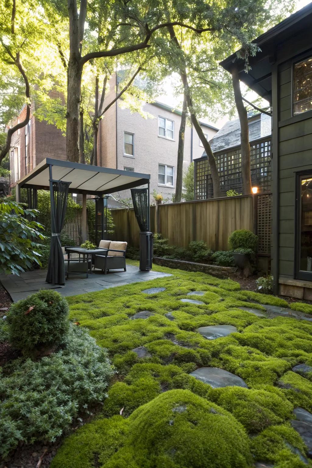 Moss adds a natural, verdant touch to shaded areas.