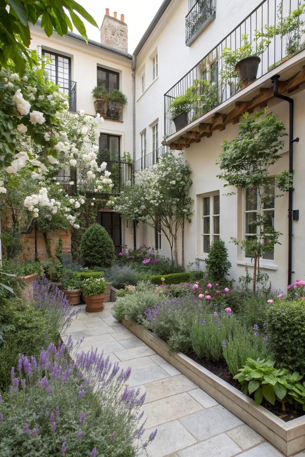 Scented plants add a delightful fragrance to the courtyard.