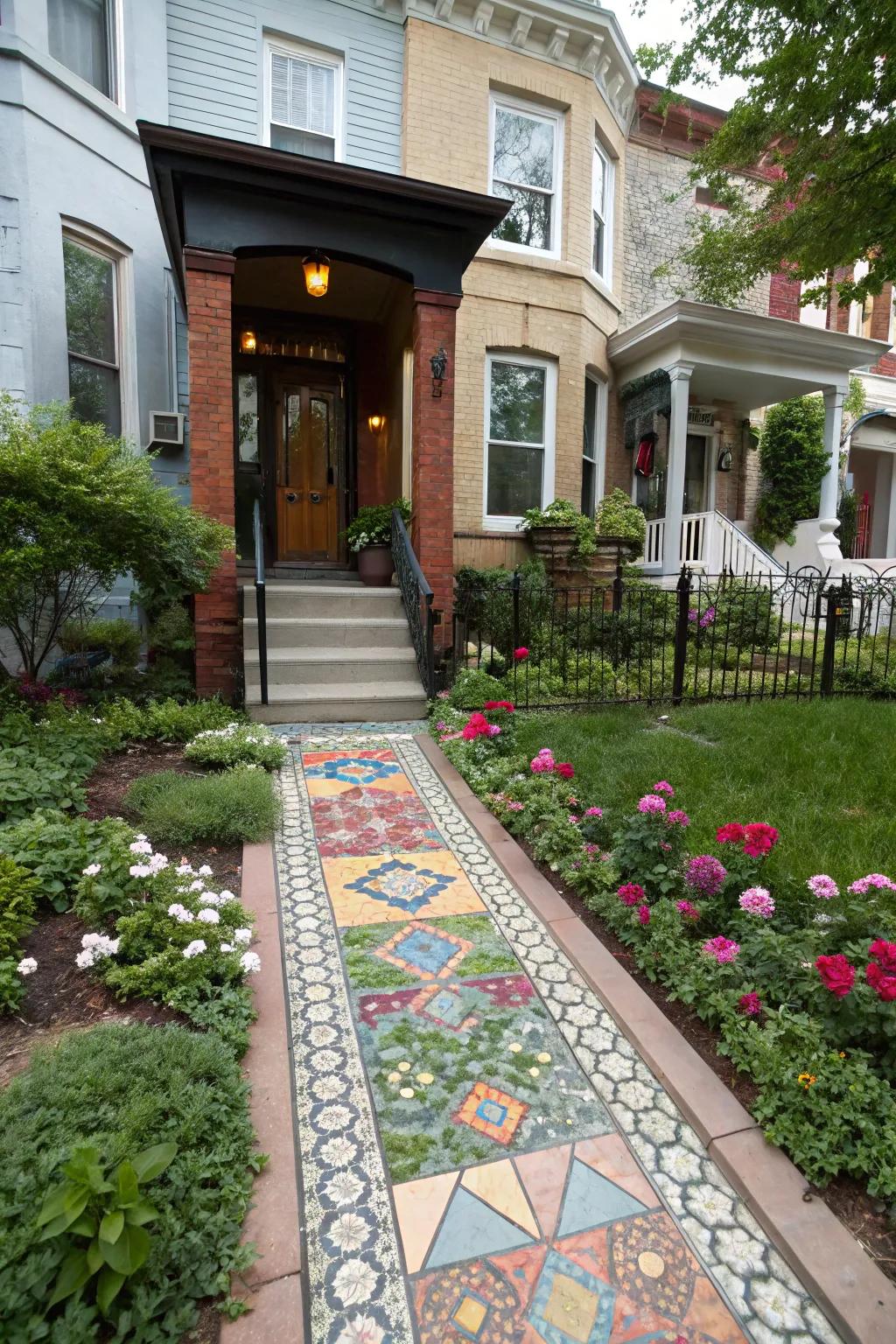 A colorful mosaic pathway adding whimsy to a townhouse front yard.