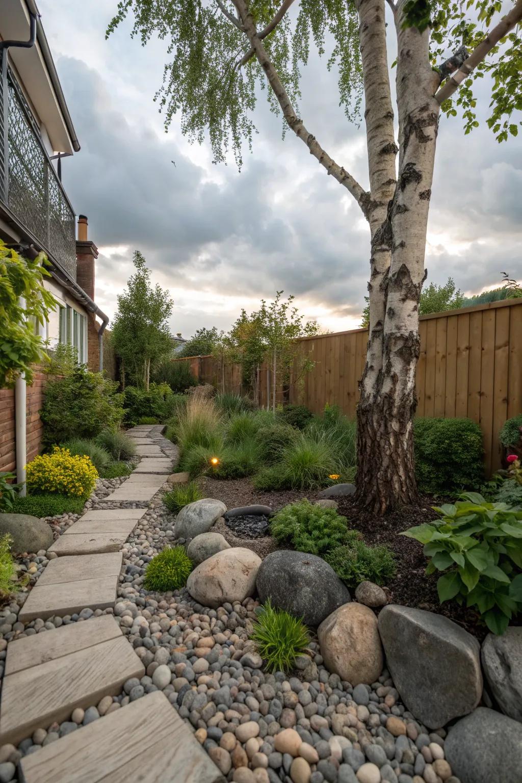 A mix of smooth stones and rough bark creating texture in a townhouse garden.
