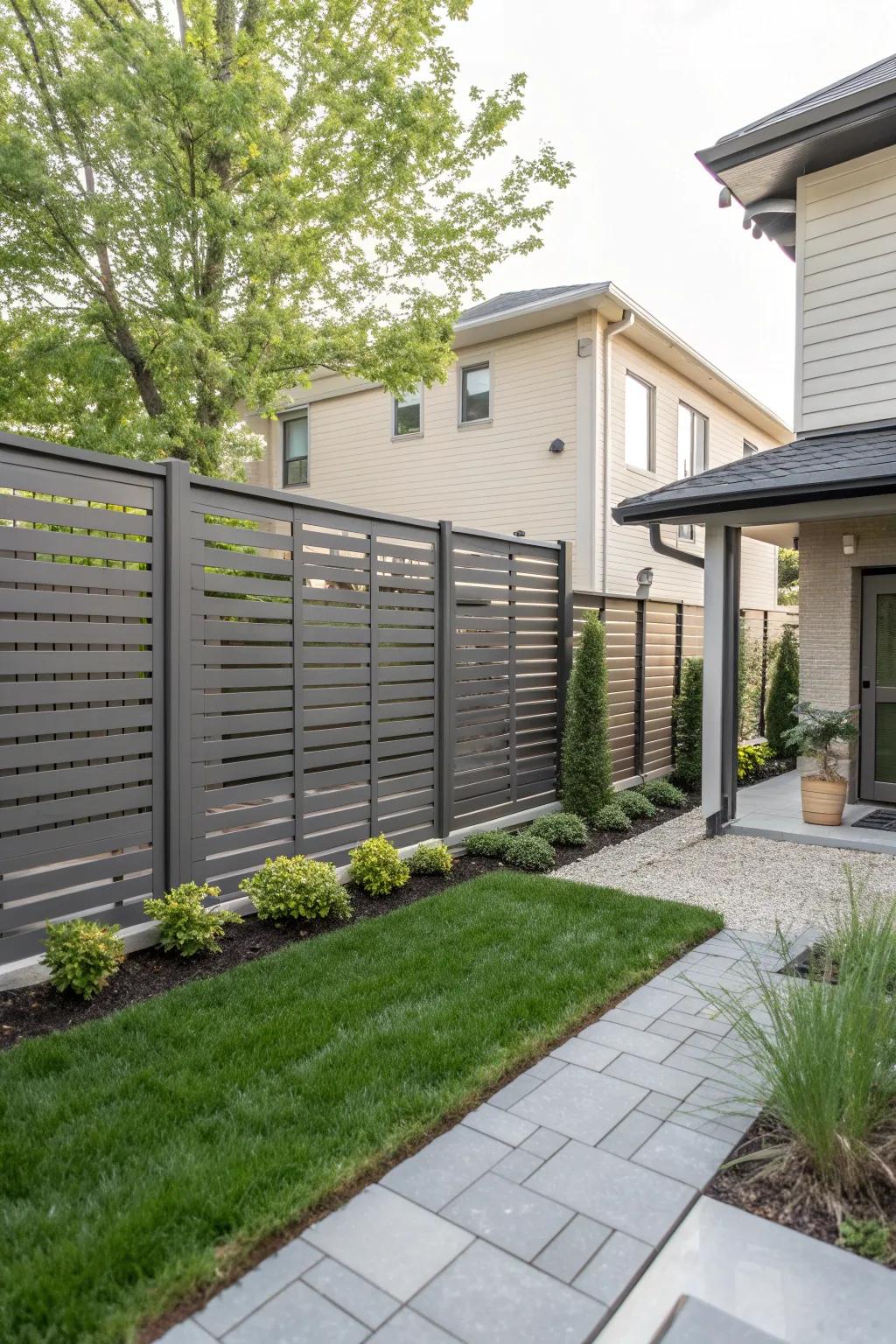 Horizontal slat fences bring a contemporary feel to your backyard.