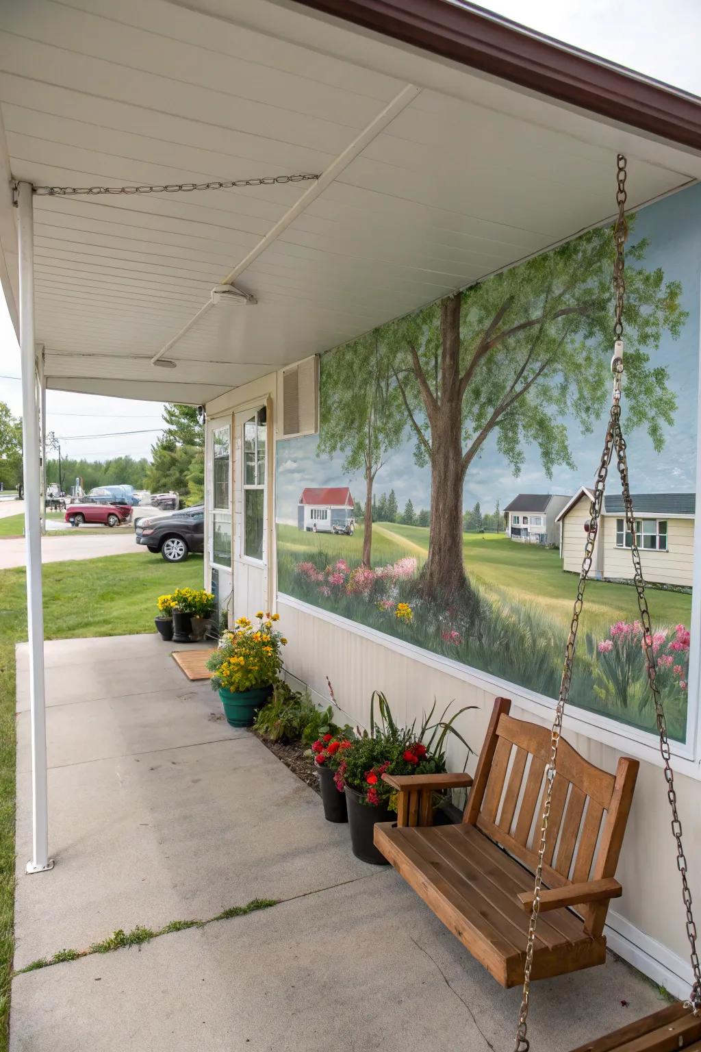A trailer front porch with an artistic and vibrant wall mural.