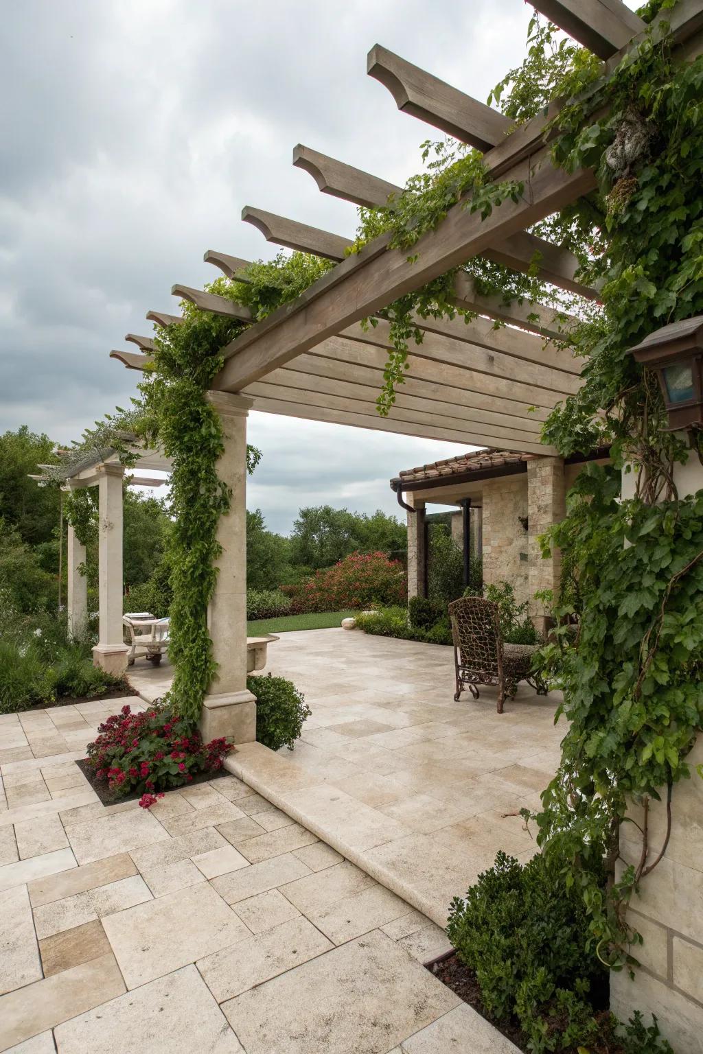 Relax under a shaded travertine pergola.