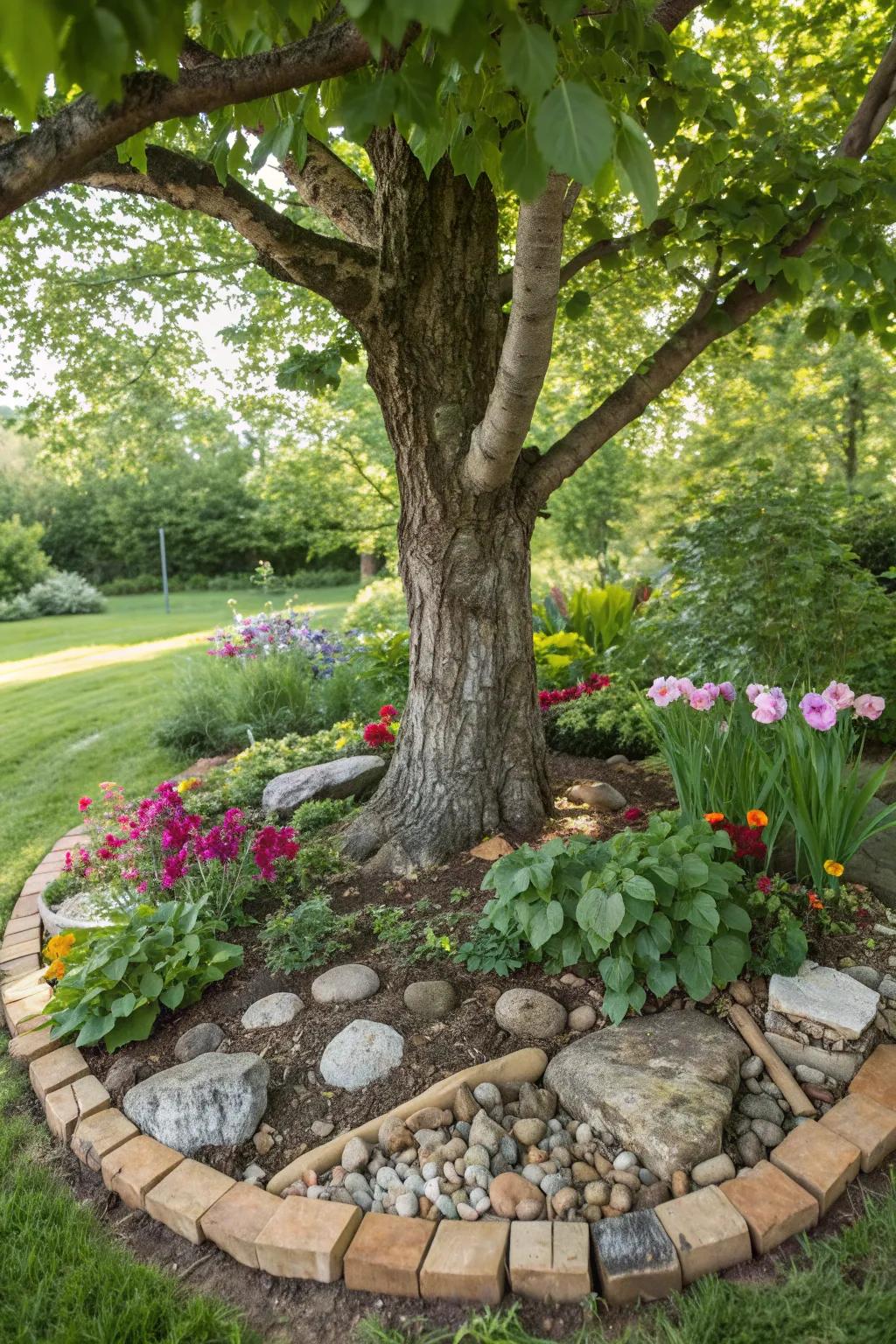 A tree with a creative mix of stones, wood, and plants.
