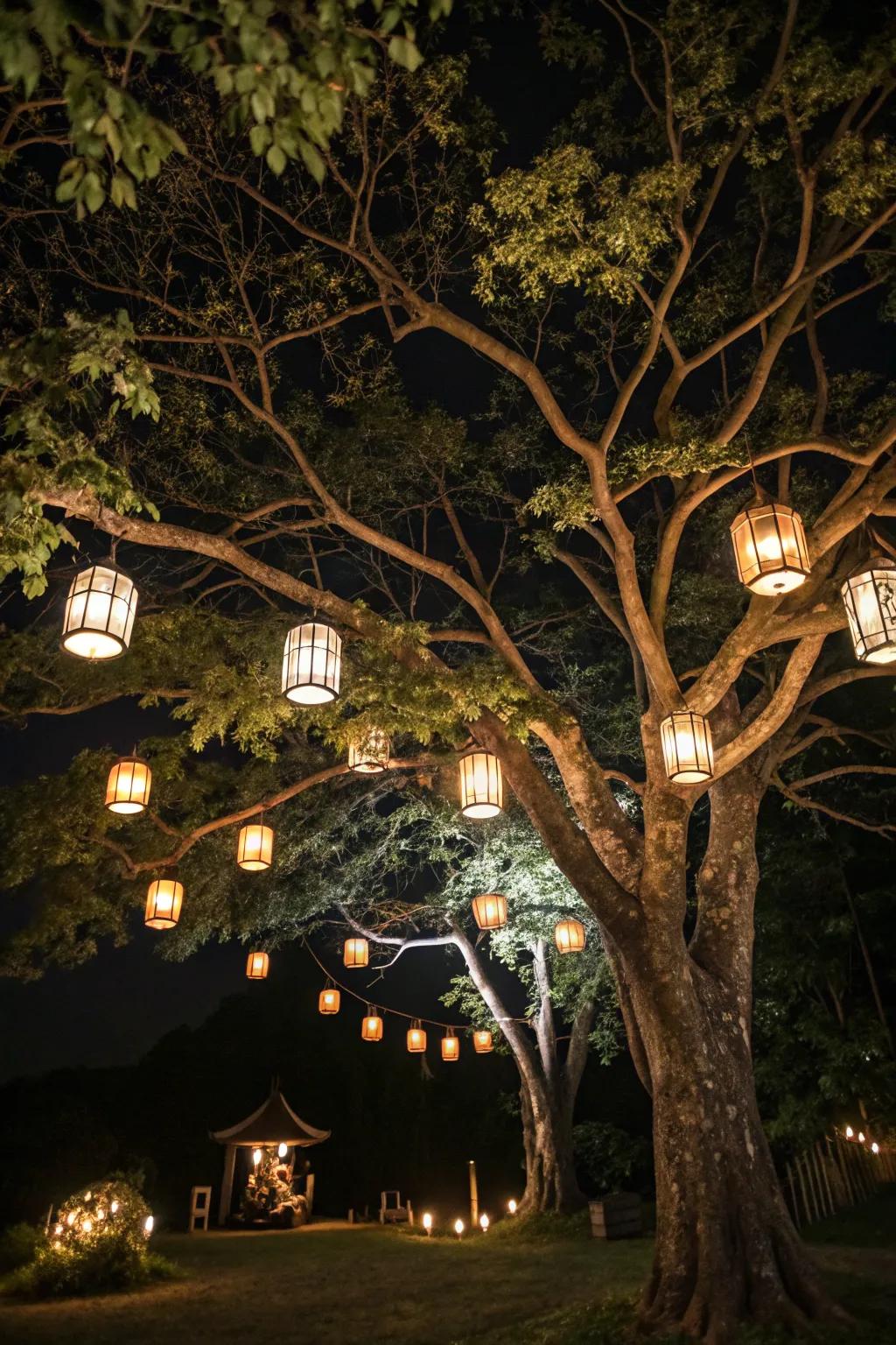 Clustered lanterns add artistic flair to the garden.