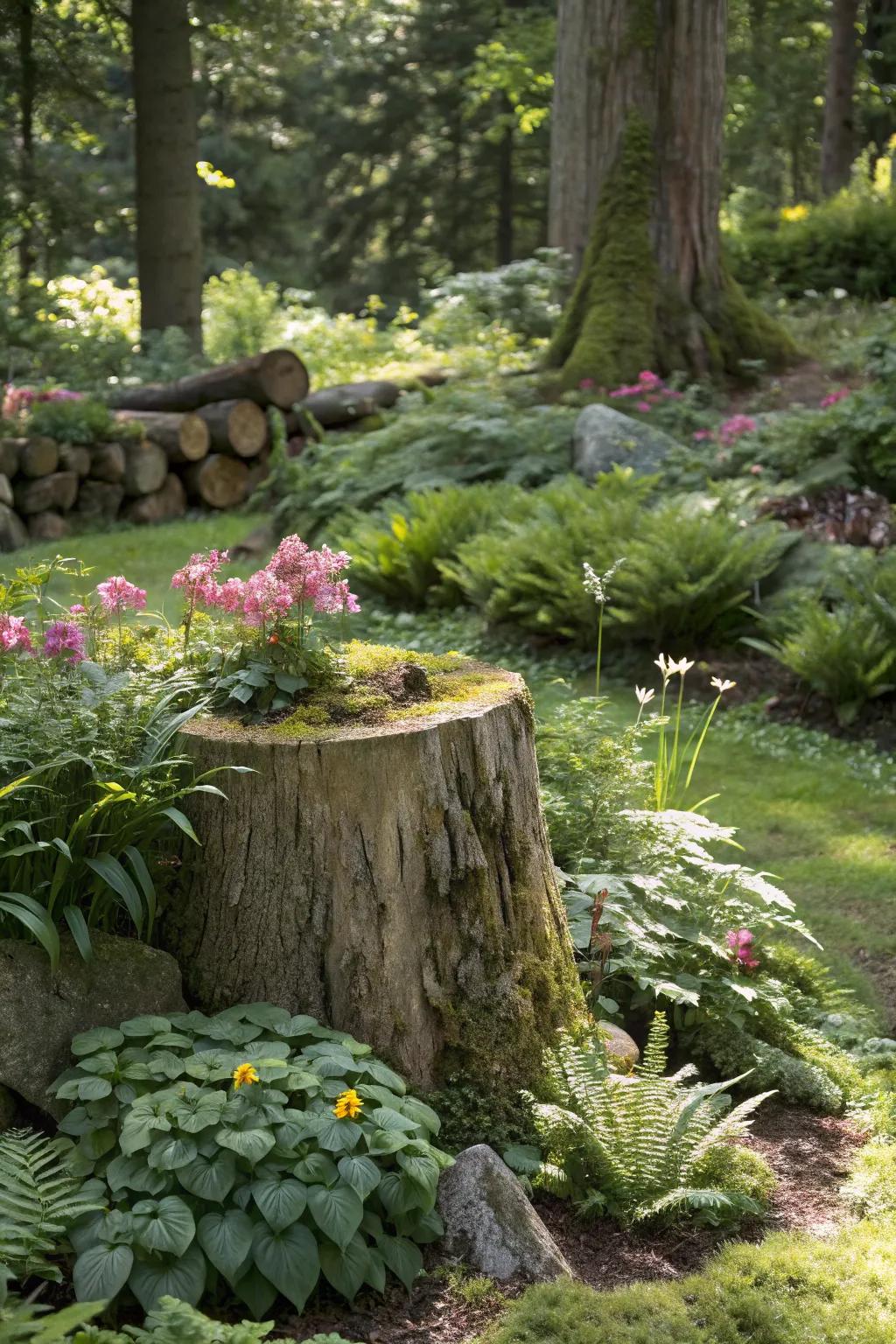 A mini woodland garden embracing a tree stump.